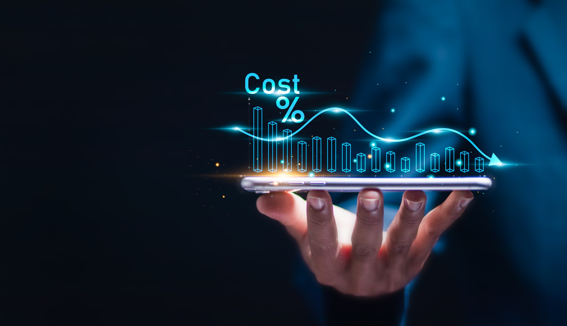 Cost reduction business finance concept. Businessman with virtual screen of Cost reduction graph with down arrow for budget management and cost management.